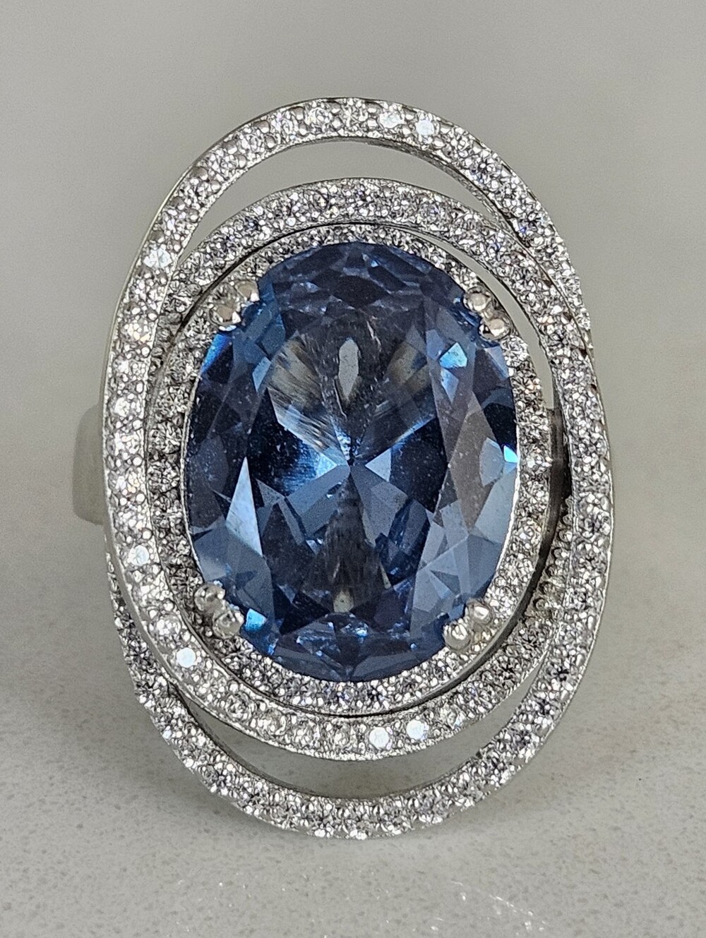 Designer Sterling Charles Winston Blue Topaz Double Halo CZ Statement Ring